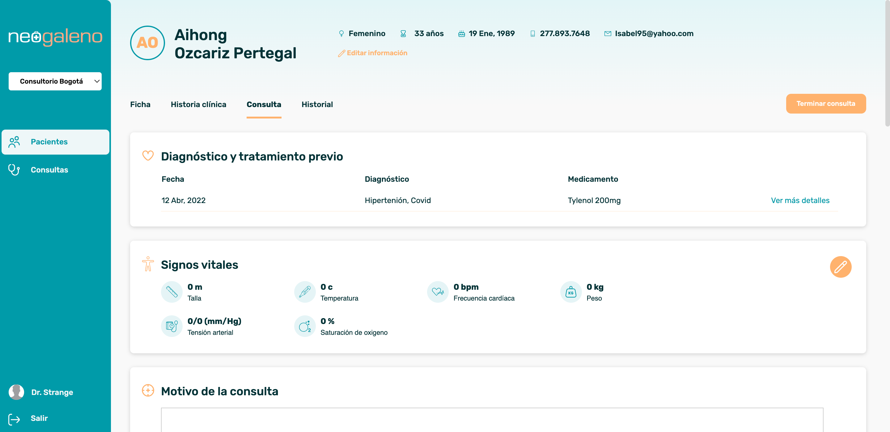 Software médico Neogaleno — pantalla de expediente clínico electrónico